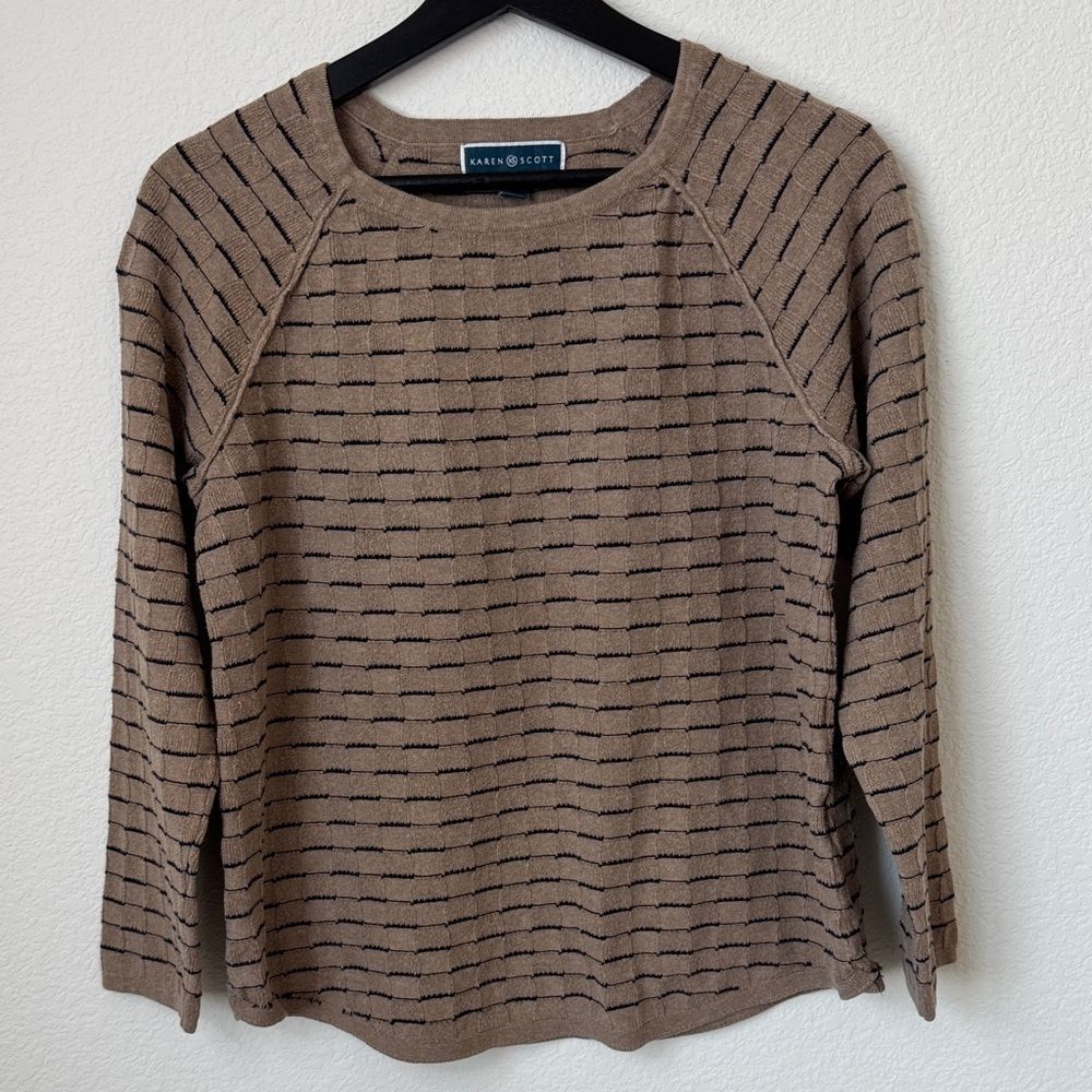 Karen Scott Boxstitch Curved Hem Sweater Women, Chestnut Heather Tan White, M